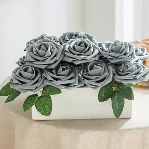 Artificial Flower Foam Rose 25pcs Real Looking Fake Rose with Stems Leaves for Home Decoration Party Garden Centerpieces DIY Wedding Bouquets（Grey） - Image 5