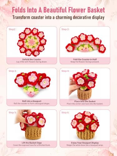Crochet Flower Bouquet Coasters, Peach Blossom Gift for Home Decor 4Pc - Image 3