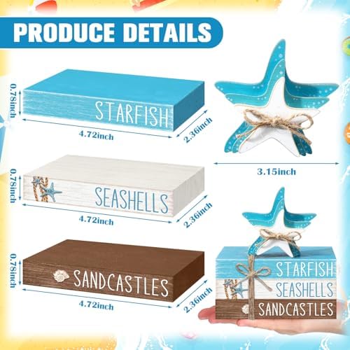 Geelin 4 Pcs Summer Beach Tiered Tray Decor Wooden Book Stack Signs, Starfish Seashell Coastal Nautical Table Centerpiece for Shelf Coffee Bar Home Kitchen Beach House Decorations - Image 3