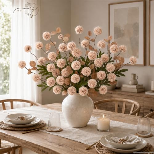 12Pcs Beige Faux Silk Mums Artificial Flowers Bulk with Eucalyptus Stems - Image 4