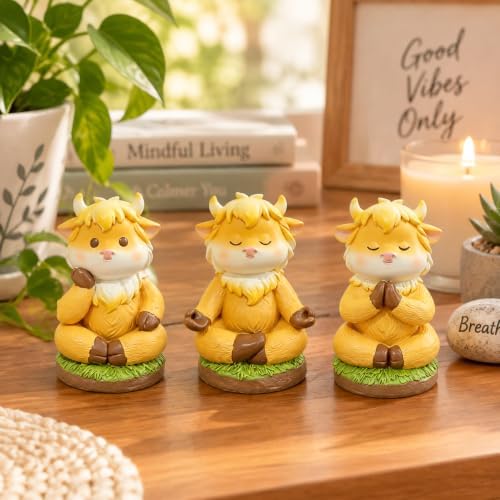 3 Pcs Highland Cow Figurines Resin Statues Cattle Decorations - Meditating Praying Thinking, Rustic Farmhouse Tabletop Centerpiece for Christmas Thanksgiving Birthday Gift Home Office Table Decor - Image 2