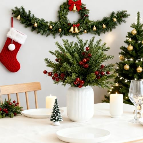 50 Pcs Christmas Artificial Pine Branches with Red Berry Stems - 10.5" Faux Greenery Norfolk Pine Fake Cedar Pine Needles Picks for Wreaths Craft DIY Garlands Home Decor - Image 3