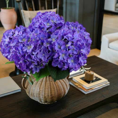 6PCS Large Silk Hydrangea Flowers, 20 In Full Faux Hydrangea Artificial Flowers with Stem Leaves for Fake Huge Bouquet Home Kitchen Wedding Party Wreath Xmas Centerpieces Arrangements (Purple) - Image 3