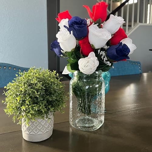 Admired By Nature 14 Stems Artificial Flower Rosebuds Patriotic Memorial Bouquet Cemetery Decorations for Grave, Spring Faux Flower Arrangement, Memorial Day, Veterans Independence Day, Red White Blue - Image 4
