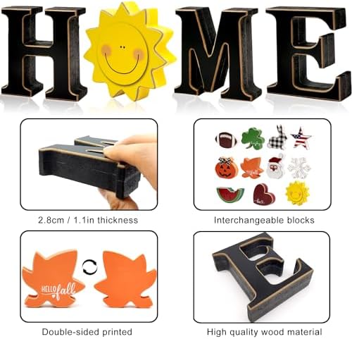 Interchangeable Home Table Signs with 11Pcs Seasonal Icons, Wooden "HOME" Letter Signs Interchangeable Holiday Decorative Table Shelf Centerpiece for Holiday Room Decoration - Image 3