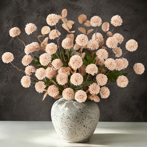 12Pcs Beige Faux Silk Mums Artificial Flowers Bulk with Eucalyptus Stems by Yastouay