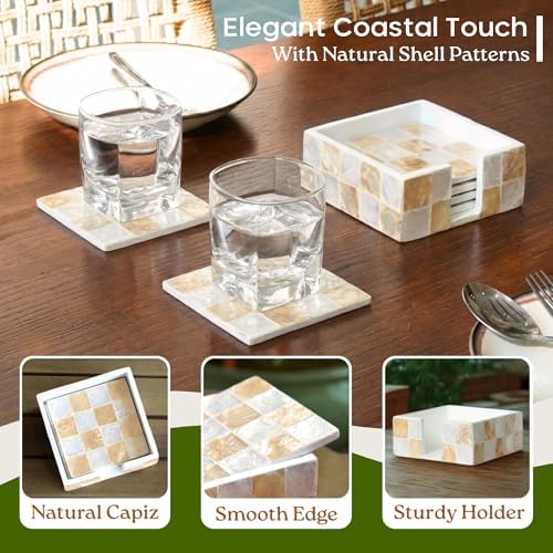 CHI AN HOME 4" Capiz Shell Mosaic Square Coasters Set 6 with Holder, Ivory - Image 4