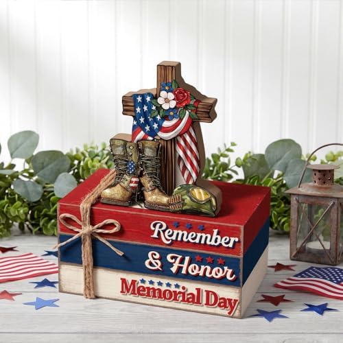 Geelin 4 Pcs Memorial Day Patriotic Table Decoration Wooden Book Stack Sign - Image 2