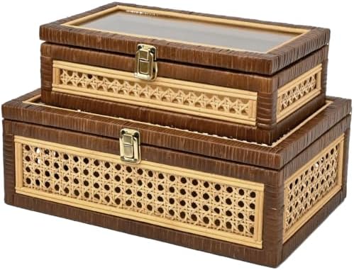 Set of 2 Stackable Rattan and Cane Display Boxes with Glass Lid,Brown by DECOR4SEASON