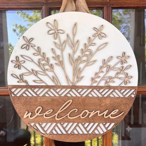 3D Wooden Welcome Sign for Front Door, Boho Rustic Round Door Hanger, Modern Farmhouse Wall Decor, Housewarming Gift for New Home, Porch & Fence Decoration for Spring, Summer, Fall and All Seasons by Miwcff
