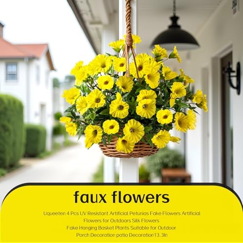 Yellow Artificial Morning Glory Flowers for Outdoor Planters, Premium UV Resistant Silk Faux Flowers for Porch, Hanging Basket & Window Box, Spring Garden Decor, No Pot, 13.3 Inch, 4 Bundles - Image 5