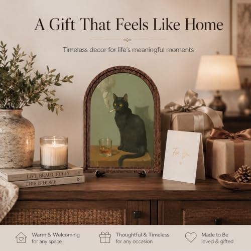 Wooden Sign with Stand Decoration, Black Cat Decor Arched Wooden Frame Tabletop Sign, Vintage Gothic Cat Portrait Shelf Decor for Bedroom Living Room Desk Bookshelf Mantel Office - Image 5