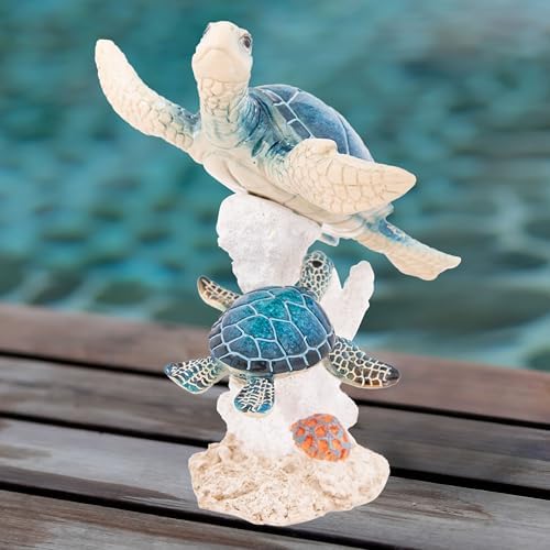 Sea Turtle Decor Figurine Blue Turtles Swimming on Coral Reef Base Beach House Coastal Decor - Image 2