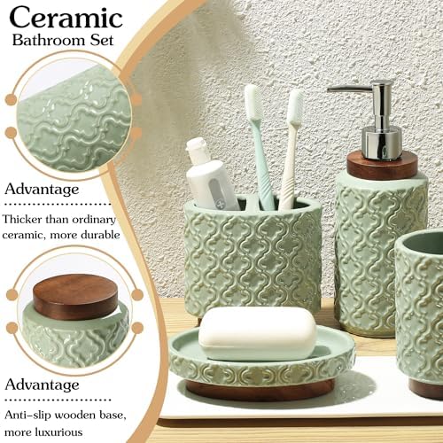 RQYIXI Ceramic Bathroom Accessories Set,Sage Green,6 Piece,with Trash Can - Image 6