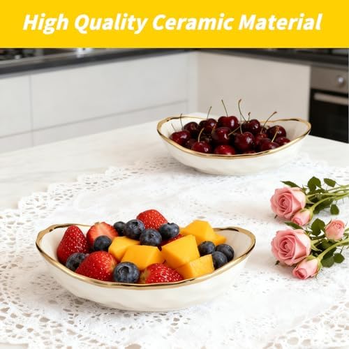 jessie 2 Tier Ceramic Fruit Bowl for Kitchen Counter with Metal Rack, Fruit Basket with Stand, Porcelain Bowls for Vegetable Bread Candy Snack Nuts Dessert Cake Tray (Gold 2 layer) - Image 3