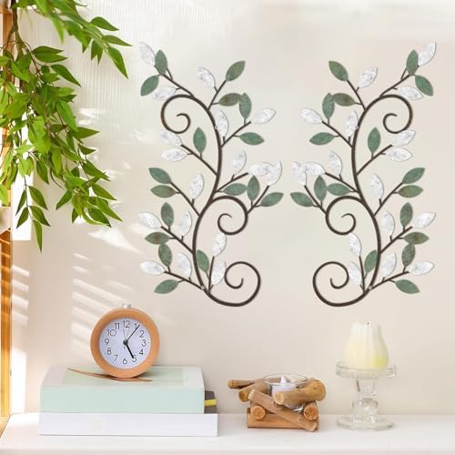 ESTART 2 Pcs Metal Tree Leaf Wall Art Vine Branch Decor,White Green Colors - Image 2