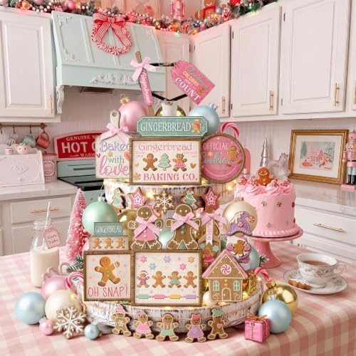 Shellwei 24pcs Pink Christmas Tiered Tray Decor Set Rustic Gingerbread Sign - Image 6