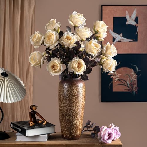 Artificial Flowers Artificial Roses 23.2In Fake Roses Long Stem Artificial Flowers for Tall Vase Silk Rose Suitable for Indoor Decor Wedding Party Decor DIY Bouquet Autumn (Milky White，20PCS) - Image 3