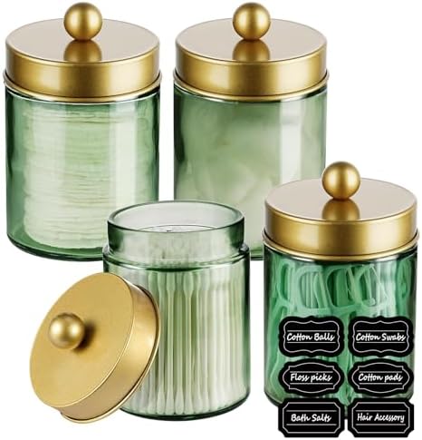 Amolliar Glass Apothecary Jar Qtip Holder Metal Lids 4pc/Green-golden by Amolliar