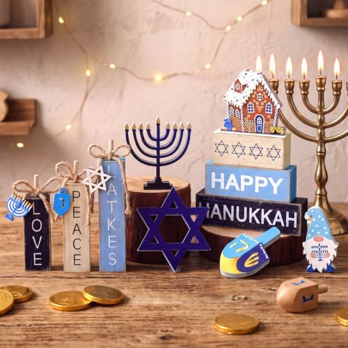 11 Pcs Hanukkah Wooden Tiered Tray Decor Chanukah Tabletop Signs - Image 2