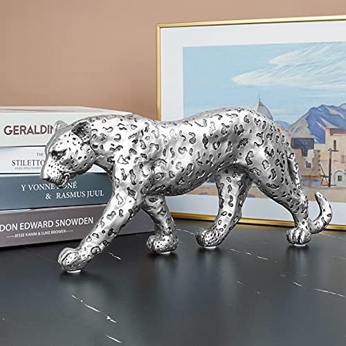 Cheetah Statue Home Decor Leopard Sculpture Resin Sitting Cheetah Figurine Desktop Table Top Ornament Decoration for Home Office-Gold Or Silver (Walking-Silver) - Image 5