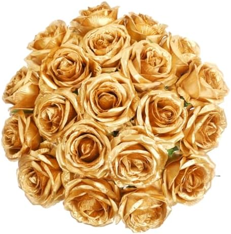 JUSTOYOU 10 PCS Artificial Roses Flowers, Realistic Blossom Roses, Real Touch Silk Rose, Single Fake Flower Long Stem Bouquets for Home Wedding Party Decoration (10Pcs, Gold) by JUSTOYOUARTIFICIALFLORAL