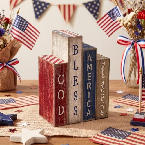 Lineshading 4 Pcs Patriotic Table Decoration Glod Bless American Wooden Book - Image 4