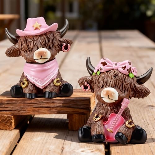 Wesiti 2 Pcs Highland Cow Figurines Resin Farmhouse Coffee Decor Statues - Image 2