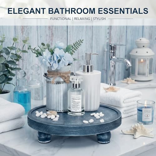 EOSAHR Round Wood Riser for Kitchen Counter, Bathroom Decorative Tray, Blue - Image 2