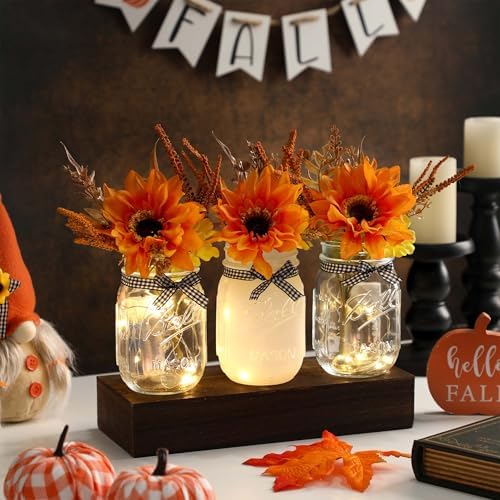 Fall Mason Jar Centerpiece for Table with LED Lights & Artificial Flowers - Image 3