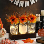 Fall Mason Jar Centerpiece for Table with LED Lights & Artificial Flowers - Image 3