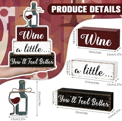 Marsui 4 Pcs Wine Decorations Wooden Farmhouse Wine Bar Sign for Kitchen - Image 3