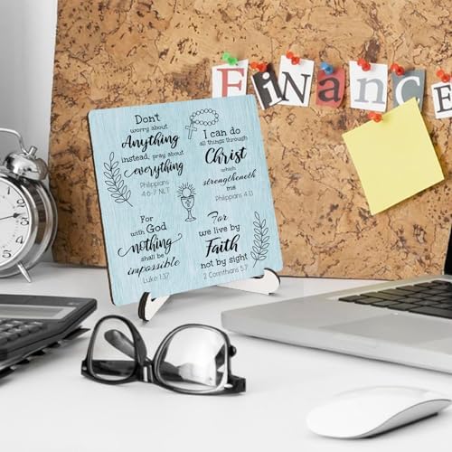 Blue Christian Wooden Sign Desk Decor, Inspirational Bible Verse Religious Wood Plaque Sign With Stand for Church Prayer Room Home Office Desk Table Shelf Decoration, 5x5 Inch - Image 3