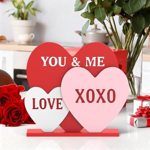 OLANRUN Valentines Day Decorations, 8.7 Inch Valentine Table Decorations Wooden Heart Sign with Letter LOVE XOXO, Valentines Day Decor Indoor for Home Office Kitchen Tiered Tray Table Fireplace Mantel - Image 4