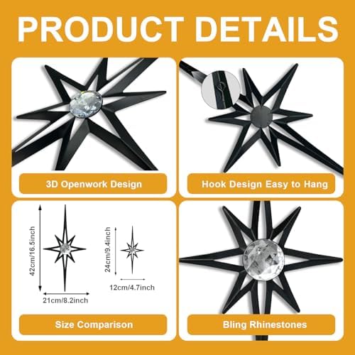 sxnzequnze 4 Pcs Star Wall Art for Home Decor Living Room Bedroom Office Metal 3D,Bling,with Hanging Hook Starburst Midcentury Sculpture Retro Gallery Accent Celestial -Black 16.5in/9.4in - Image 4