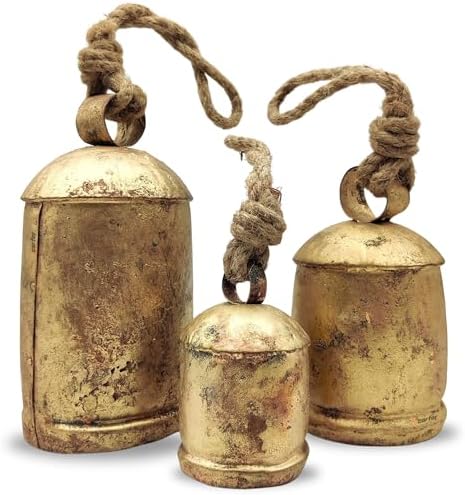 Handicrafts Vintage Rustic Metal Harmony Cow Bells Set of 3 Huge Rustic Christmas Handmade Bells On Jute Rope by CarfarHandicrafts
