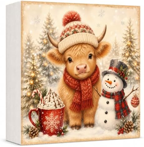 Christmas Highland Cow Decorations Snowman Pine Tree Wooden Box Sign by GUDIO