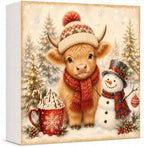 Christmas Highland Cow Decorations Snowman Pine Tree Wooden Box Sign by GUDIO