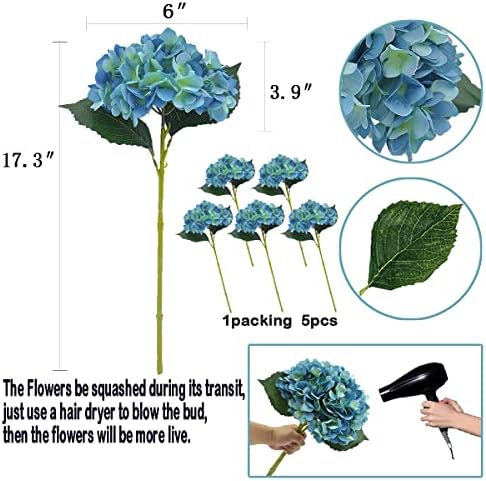 5Pcs 18" Blue Silk Hydrangea Artificial Flowers - Image 2