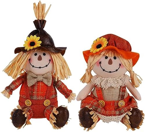 Juegoal 2 Pack Fall Tabletop Decorations Scarecrows, Thanksgiving Harvest Handmade Scarecrow, Autumn Shelf Sitters Figurine Gifts, Home Table Centerpieces Housewarming Present Holiday Decor, Shape A by Juegoal