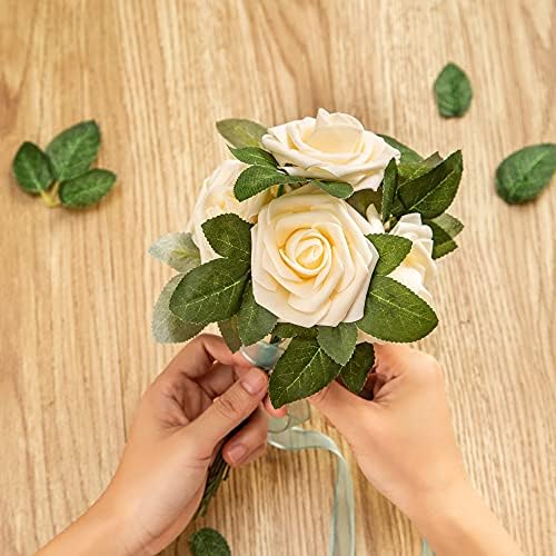 Artificial Flower Foam Rose 25pcs Real Looking Fake Rose with Stems Leaves for Home Decoration Party Garden Centerpieces DIY Wedding Bouquets（Champagne） - Image 5
