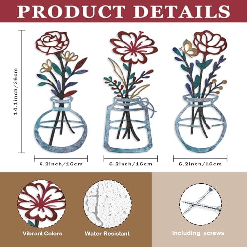 ARTINME 3 Pieces Metal Flowers Wall Art - 6.2X 11.4 Inch Colorful Iron Floral Wall Decor for Home Indoor Outdoor Decoration - Housewarming Gifts (Blue) - Image 2
