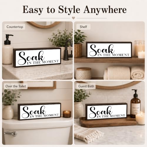 Bathroom Wooden Sign, Soak in the Moment Quote Decor, Bathroom Wall Decor Wooden Sign, Relaxing Bath Room Accent for Shelf Counter or Wall, Minimal Home Decoration, 9.5 x 3.1 Inches - Image 3