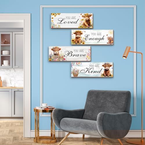 4 Pcs Highland Cow Wall Decor, Positive Affirmations Wall Art Decor, Inspirational Wooden Signs, Highland Cow Wall Art Hanging Plaques, Perfect for Girls Bedroom, Bathroom, Living Room - Image 7