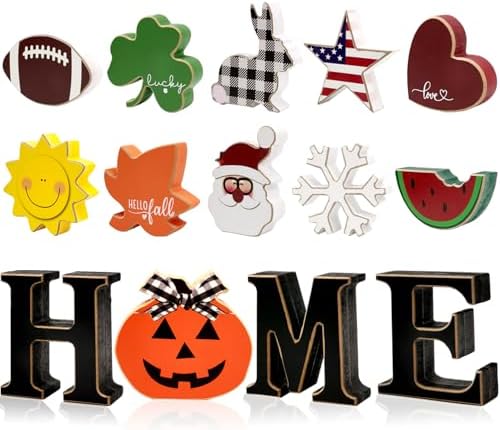 Interchangeable Home Table Signs with 11Pcs Seasonal Icons, Wooden "HOME" Letter Signs Interchangeable Holiday Decorative Table Shelf Centerpiece for Holiday Room Decoration by Medoore