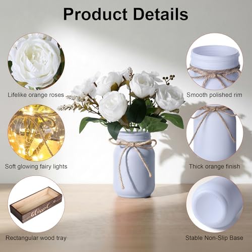 3 Pcs Mason Jar Table Centerpieces for Dining Room with Wood Tray&Led Light - Image 2