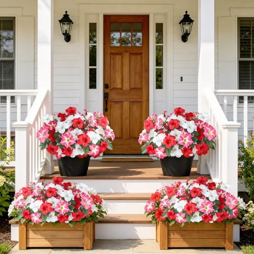 Uieke Artificial Flowers for Outdoors, 24PCS Faux Petunias Outdoor Uv Resistant Silk Flower, Spring Decorations for Home Garden Patio Porch, Red&White - Image 6