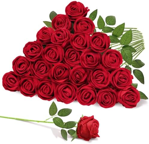 22 Pcs Artificial Red Roses with Stems - Realistic Velvet Faux Flowers Bulk, Fake Roses for Wedding Centerpieces & Home Decor(Red) by Mandarooker
