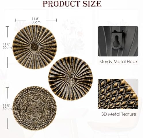 Briful 12" Wall Décor Pack of 3 Metal Gold & Black Washed Starbursts Radial Plate Wall Art Modern Accent Hanging Wall Decorations For Home Office Bedroom Or Living Room Wall Sculptures - Image 2