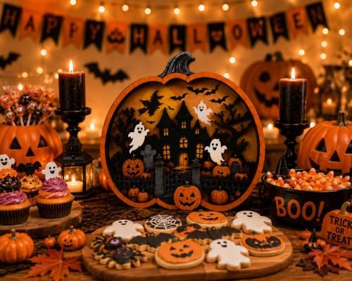 Vintage Halloween Decor 2026, 3D Wooden Pumpkin Decor, Spooky Halloween Tabletop Decoration, Rustic Shelf Mantel Ornament for Home (Pumpkin Sign) - Image 3